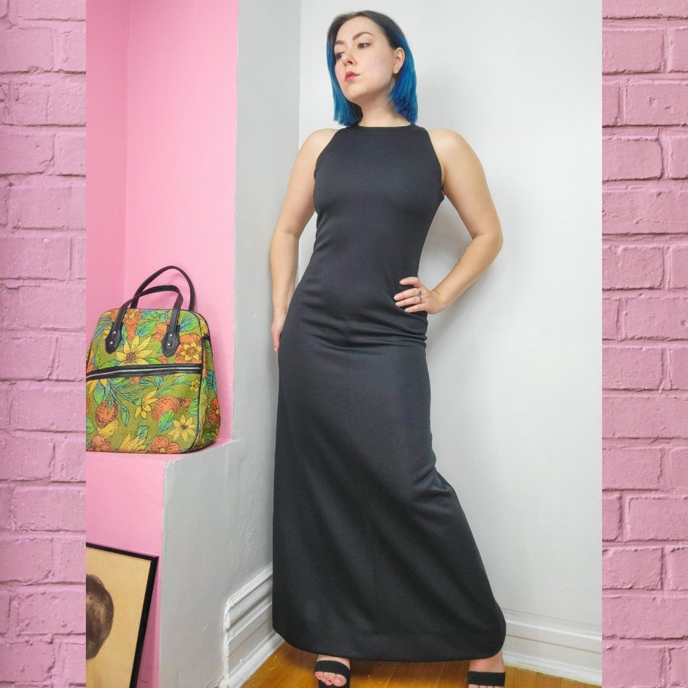 Vintage 1970s Leslie Fay Black Halter Maxi Dress
